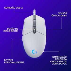 Mouse Gamer Logitech G203 LIGHTSYNC RGB, Efeito de Ondas de Cores, 6 Botões Programáveis e Até 8.000 DPI - Branco